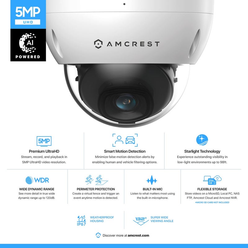 AMCREST كاميرا أمكريست 5 ميجابكسل POE، كاميرا أمنية قبة خارجية مقاومة للتخريب POE IP، 5 ميجابكسل، رؤية ليلية حتى 98 قدم، عدسة 2.8 مم، مقاومة IP67، IK10، بطاقة MicroSD سعة 256GB (تباع بشكل منفصل)، سحابة، NVR (IP5M-D1188EW-AI-V3) - Image 2